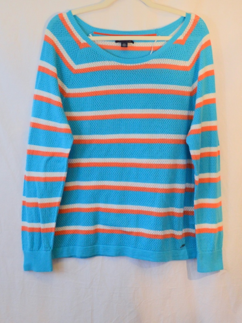 Tommy Hilfiger Open Weave Lightweight Sweater Turquoise White Peach Size Large